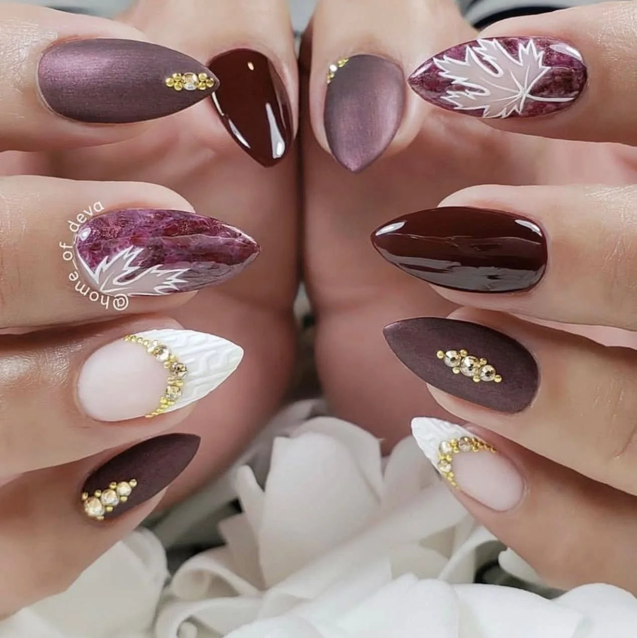 Burgundy and lavender mixed nail art